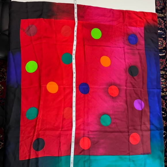 Ellen Tracy 35” square silk scarf. Multi bright colors with multicolored dots. - Picture 3 of 4